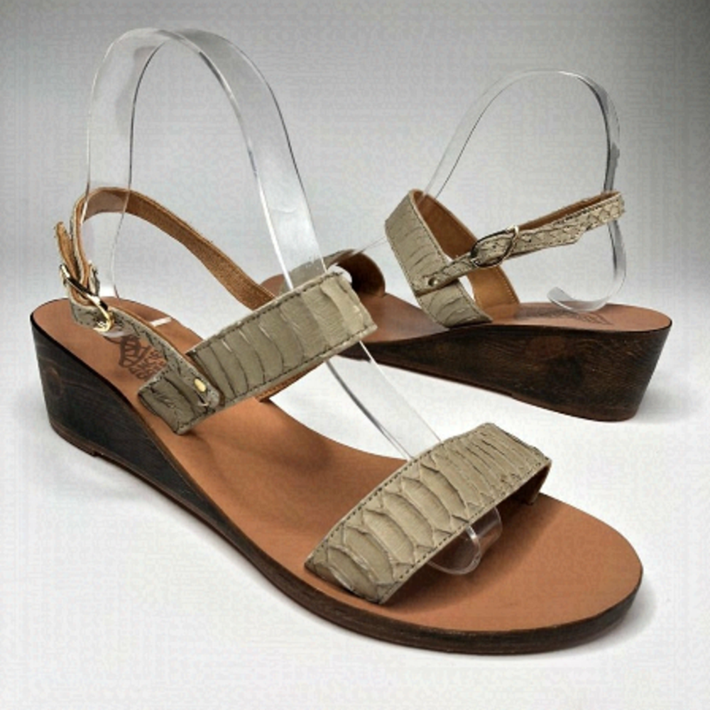 𝅺NEW Ancient Greek Leather Sandals Taupe Cream Snake Print Wedge Sandals